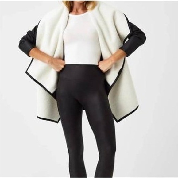 NWT SPANX Fleece & Faux Leather Long Wrap Jacket Very Black Snow Drape Front - Picture 3 of 11
